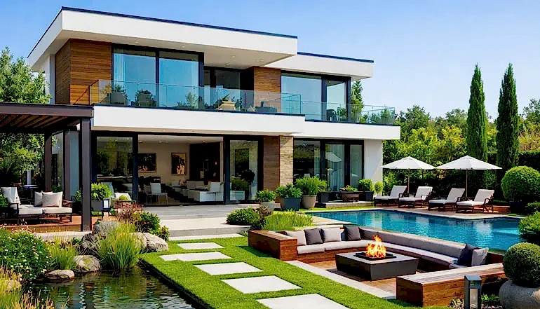 modern villa bahçe peyzaj örneği